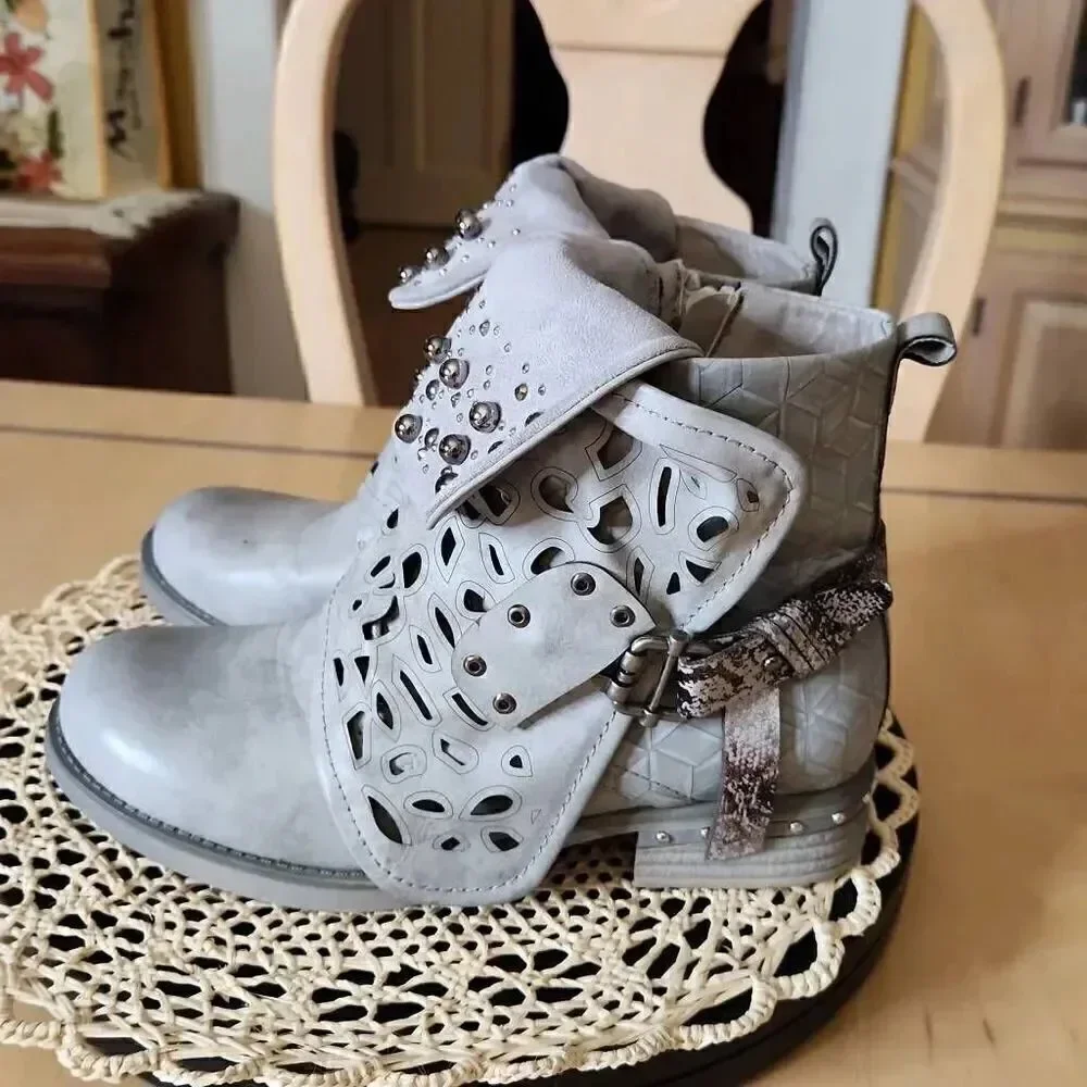 Motorcycle gray studded Combat Ankle Boots women's size 6.5